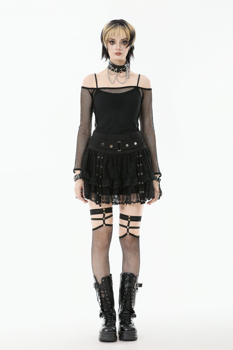 Black Wide-Waistband Eyelet Strap Double-Layered Lace Women's Punk Skirt - Product - 5