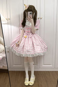 Pink Rabbit & Bear Plaid Print Short Sleeves Ruffle Embroidery Bowknot Lace Sweet (Dress Only) front view