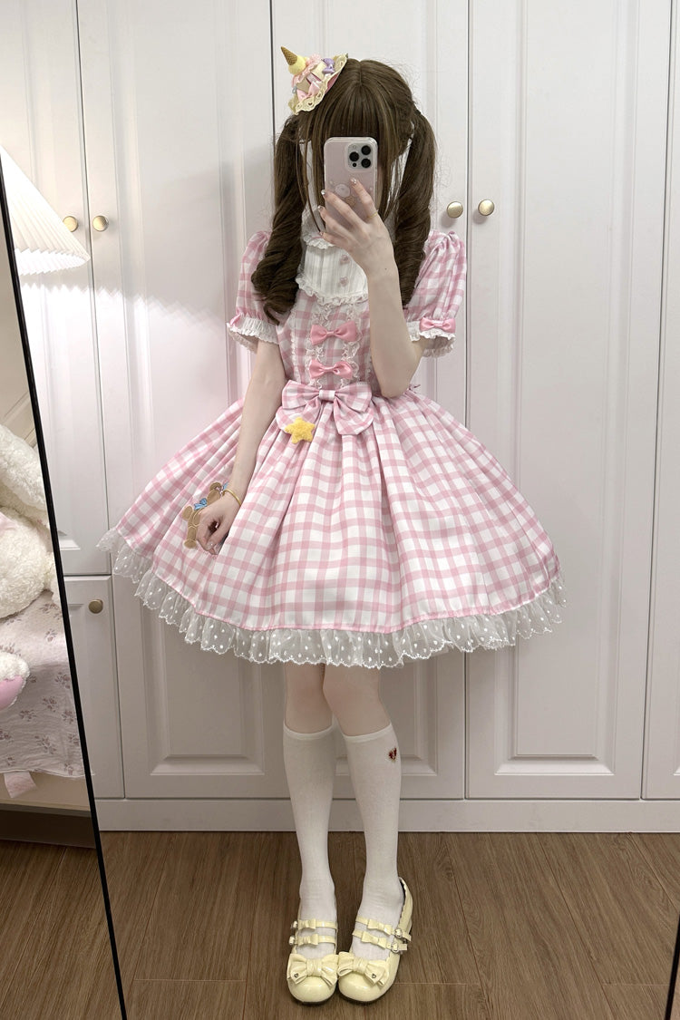 Pink Rabbit & Bear Plaid Print Short Sleeves Ruffle Embroidery Bowknot Lace Sweet Lolita Dress - Pink - 1