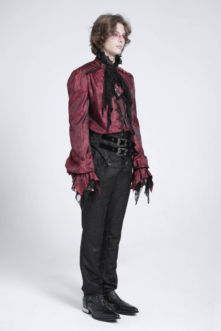 Red Long Puff Sleeves Men's Gothic Blouse with Lace Necktie - Product - 7