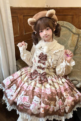 [Chocolate Brownie] Sleeveless Printed Ruffled Bow Lace Sweet Lolita Strap Dress 2 Colors - Product - 10