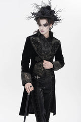 Black Lapel Collar Long Sleeves Jacquard Embroidered Slim Color-Blocked Men's Gothic Jacket - Product - 12