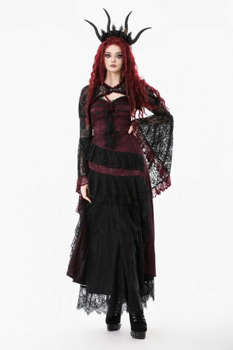 Black/Red Long Puff Flared Sleeves Floral Lace Women's Gothic Cape - Product - 8