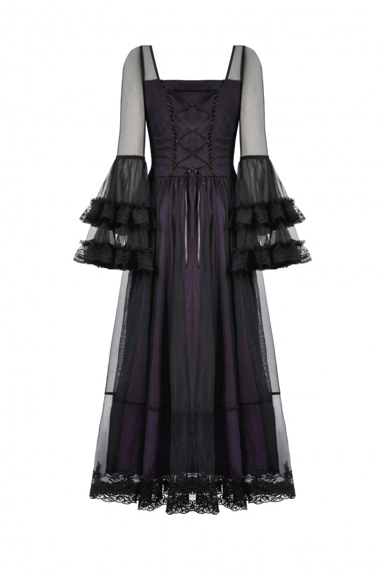 Purple Sheer Lace Square-Cut Collar Double-Layered Long Flared Sleeves  Lace-Up Women's Gothic Maxi Dress - Product - 13