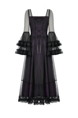 Purple Sheer Lace Square-Cut Collar Double-Layered Long Flared Sleeves  Lace-Up Women's Gothic Maxi Dress - Product - 13