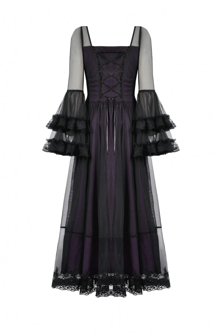 Purple Sheer Lace Square-Cut Collar Double-Layered Long Flared Sleeves  Lace-Up Women's Gothic Maxi Dress - Product - 13
