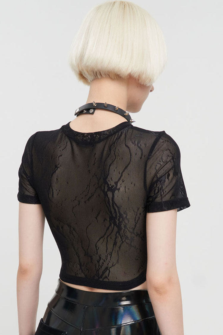 Black Punk Short Sleeve Mesh-Paneled Matte Leather Crew Neck Women's T-Shirt - Product - 4