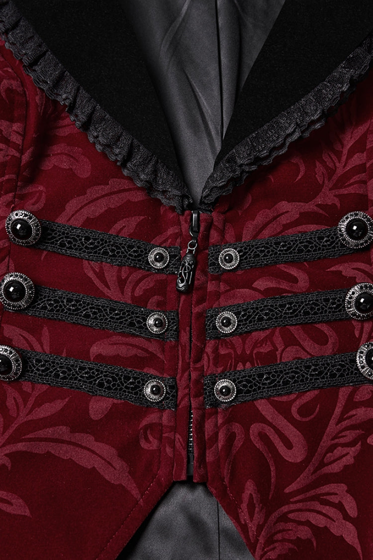 Red/Black Lapel Collar Long Sleeves Lace-Up Zipper Women's Punk Coat - Product - 8
