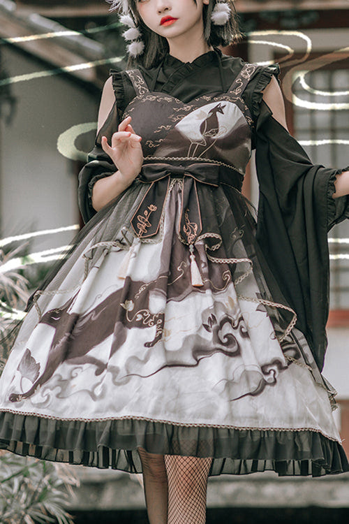 Chinese Style Cloud Fox Print Classic Lolita JSK Dress - Black - 1