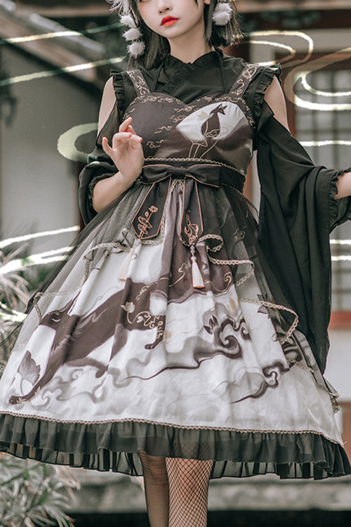 Chinese Style Cloud Fox Print Classic Lolita JSK Dress - Black - 1