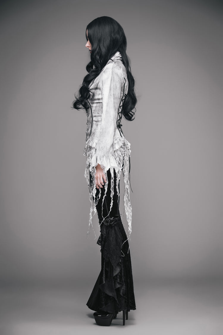 White Printed V-Neck Long Sleeve Flare Cuff Back Waist Lace-Up Irregular Lace Tassels Hem Women's Gothic Blouse - Product - 6