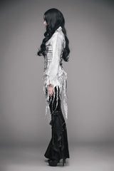 White Printed V-Neck Long Sleeve Flare Cuff Back Waist Lace-Up Irregular Lace Tassels Hem Women's Gothic Blouse - Product - 6