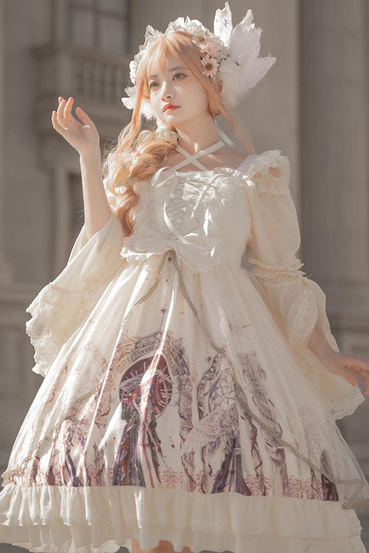 Ivory Ancient Mythology Angel Wings Print Mesh Stitching Bowknot Ruffled Gothic Lolita Jsk Dress - Product - 5