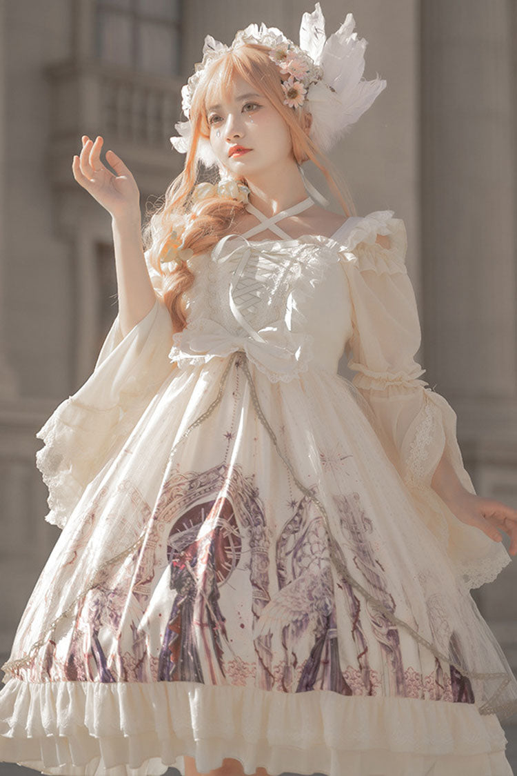 Ivory Ancient Mythology Angel Wings Print Mesh Stitching Bowknot Ruffled Gothic Lolita Jsk Dress - Product - 5