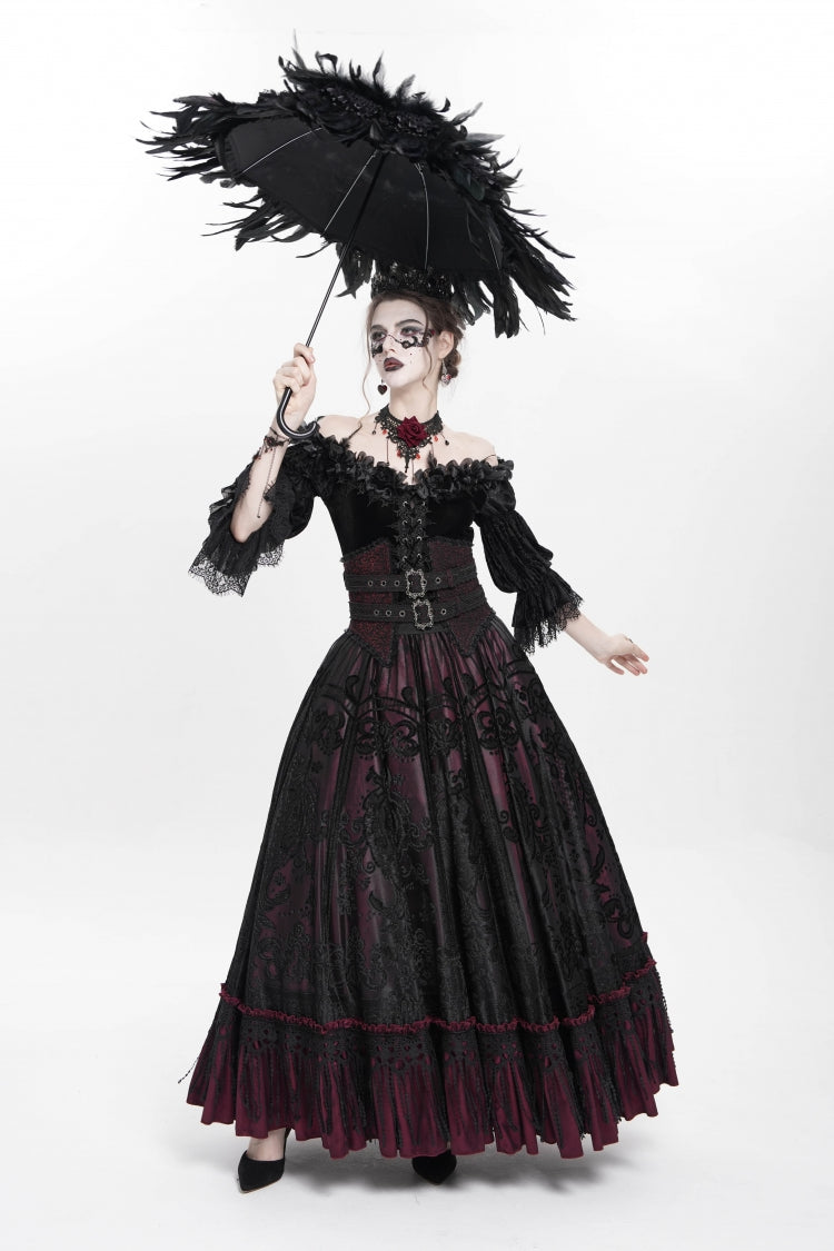 Red Jacquard Embroidery Buckle Tassels Women's Gothic Long Skirt - Product - 10