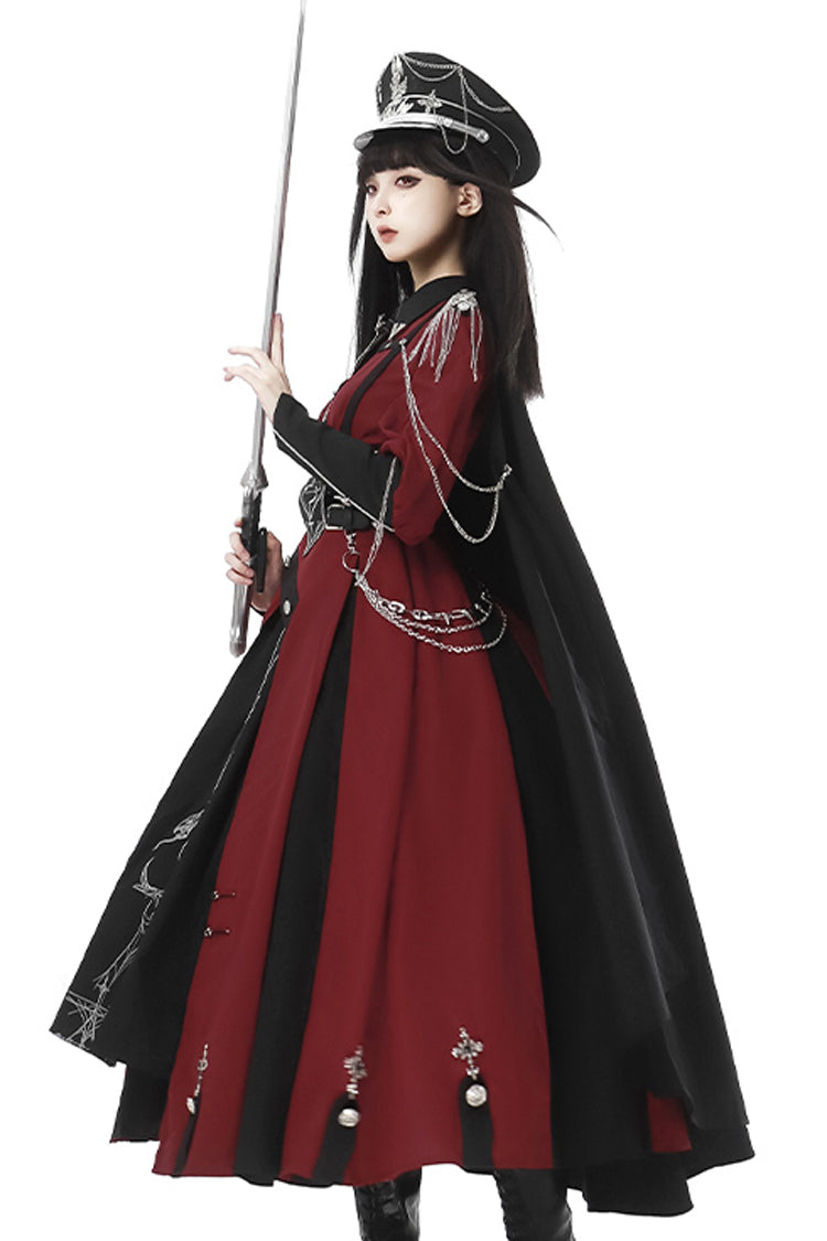 Red/Black [Scarlet Night Knight] Metal Chain Print Bowknot Gothic Military Elegant Lolita Dress - Product - 10