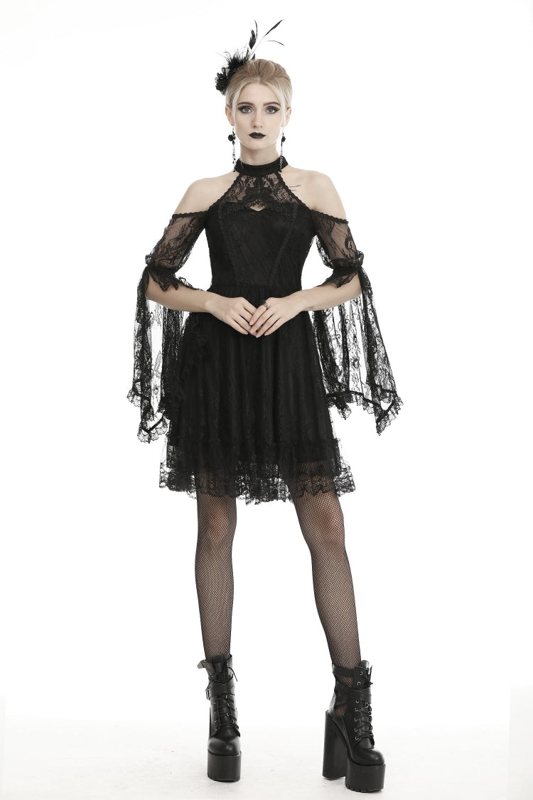 Black Off Shoulder Halterneck Long Sleeves Lace Women's Gothic Dress - Product - 6