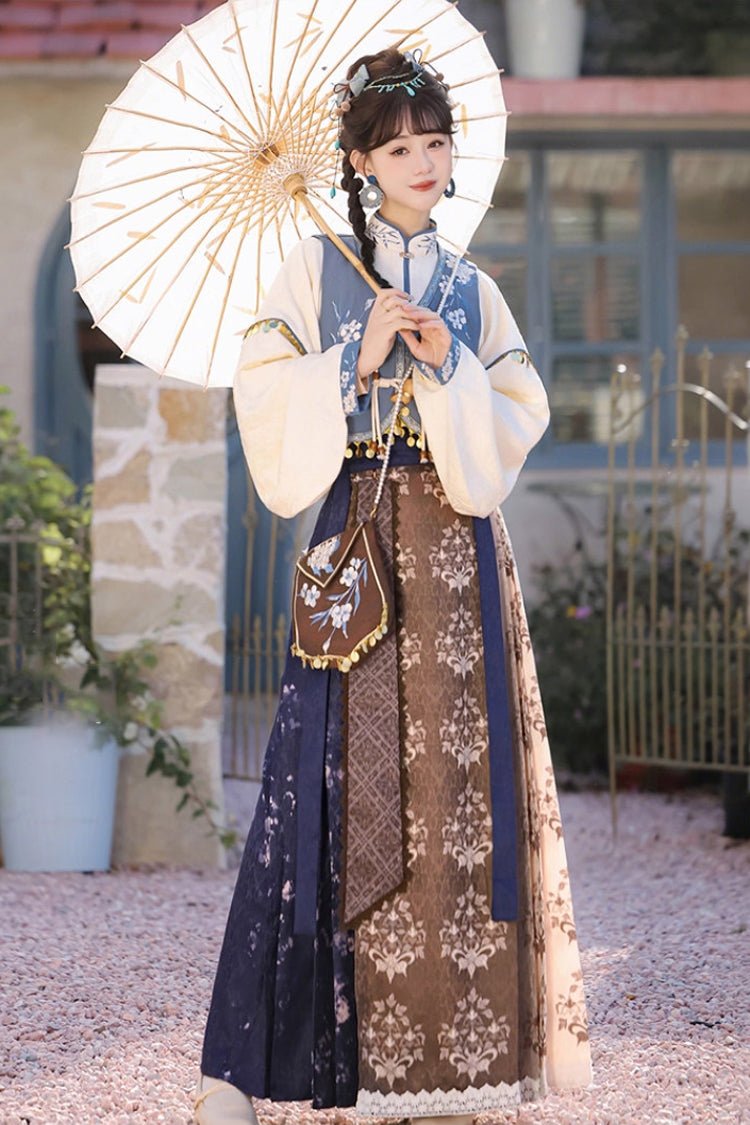 Multi-Color [Wind Of The Snowfield] Stand Collar Long Sleeves Printed Embroidered Women's Daily Sweet Hanfu Dress Set - Multi-Color - 1