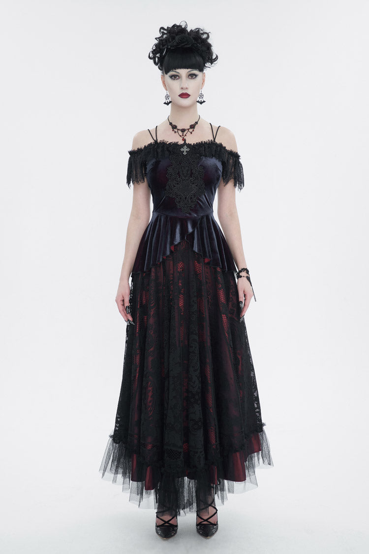 Red Stretch Velvet Eyelash Lace Short-Sleeved One-Shoulder Women's Gothic Strap T-Shirt - Product - 4