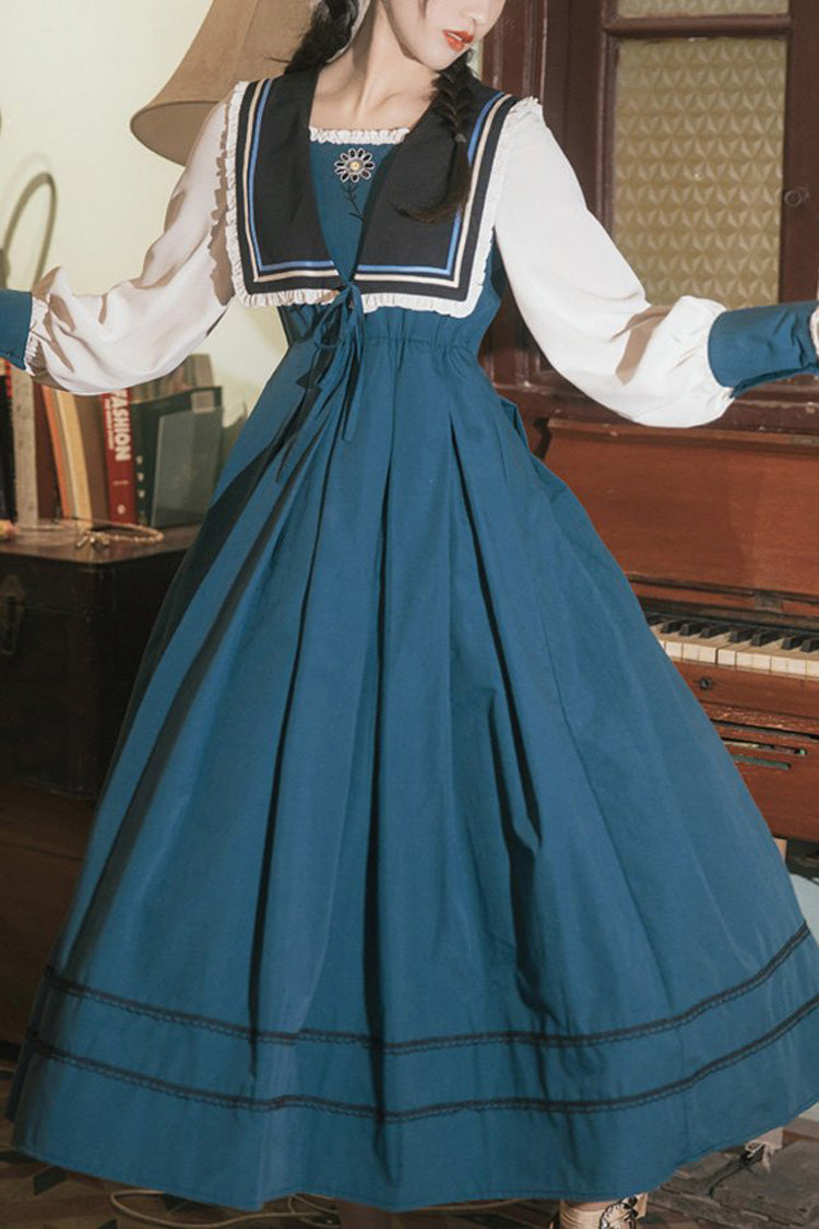 Multi-Color Retro Doll Collar Long Lantern Sleeves High Waist Embroidery Sweet Lolita OP Dress - Multi-Color - 1