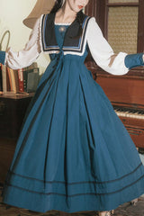 Multi-Color Retro Doll Collar Long Lantern Sleeves High Waist Embroidery Sweet Lolita OP Dress - Multi-Color - 1
