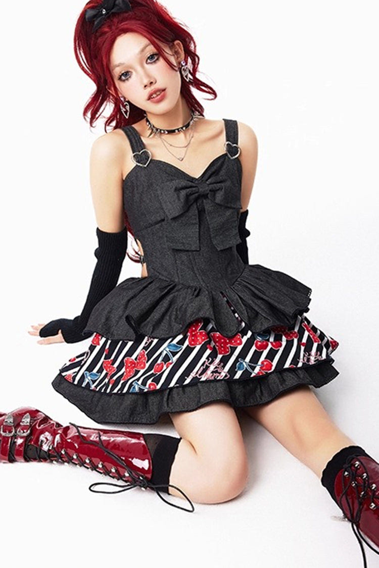 Black [Cherry] Sleeveless Triple-Layered Print Ruffle Bowknot Denim Sweet Japanese Vintage Lolita Jsk Dress - Product - 12