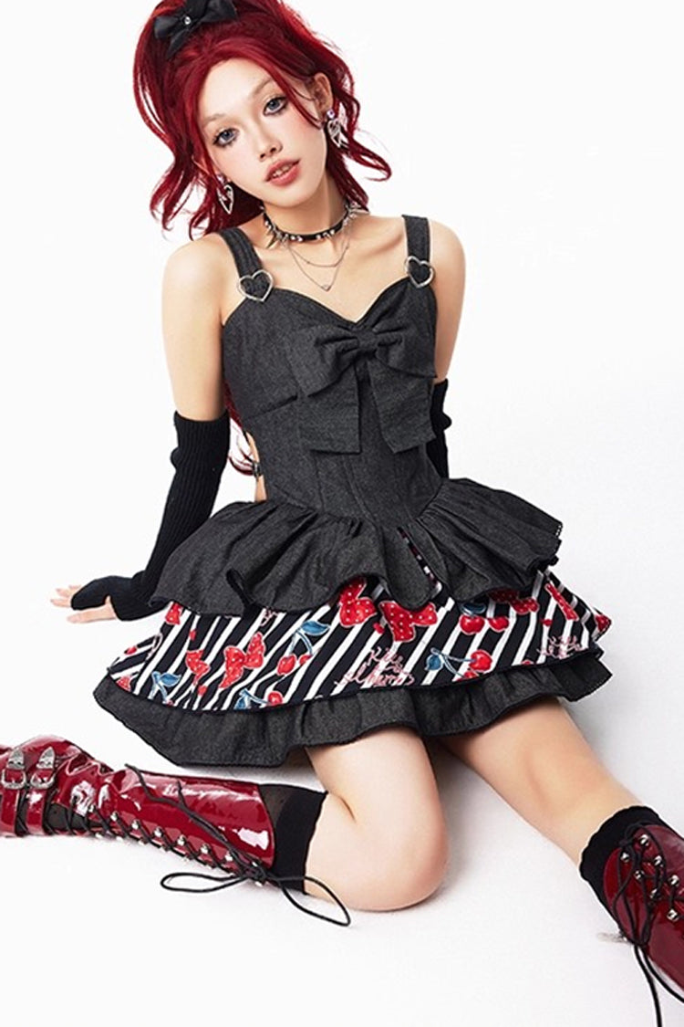 Black Cherry Sleeveless Triple-Layered Print Ruffle Bowknot Denim Sweet Japanese Vintage (Dress Only) detail view 12
