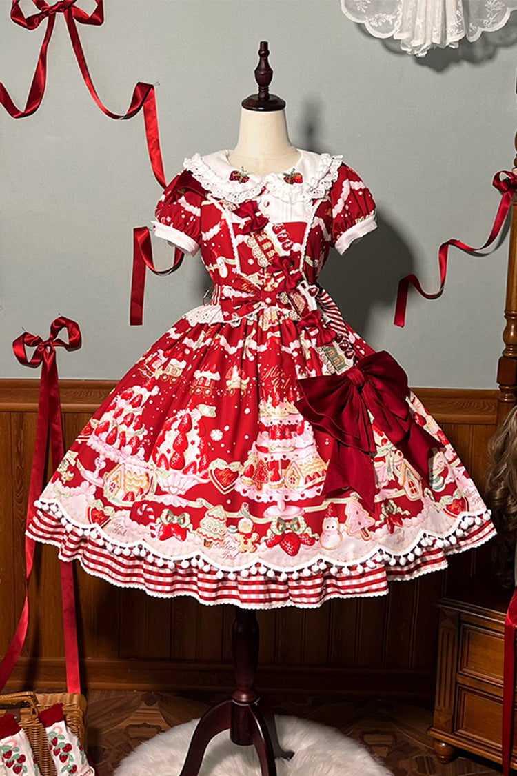 Mint Strawberry Dessert Doll Collar Short Sleeves Print Ruffle Bowknot Sweet Lolita Dress 4 Colors - Product - 21