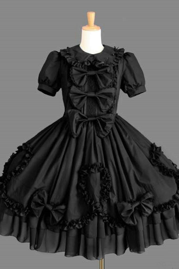 Black Cotton Lapel Collar Short Sleeves Bowknot Ruffled Multi-Layer Gothic Lolita Dress - Black - 1