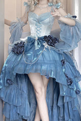 Sky Blue [Swan Wonderland] Embroidery Bowknot Lace-Up Short Front Long Back Irregular Sweet Ballet Lolita Jsk Dress - Blue - 1