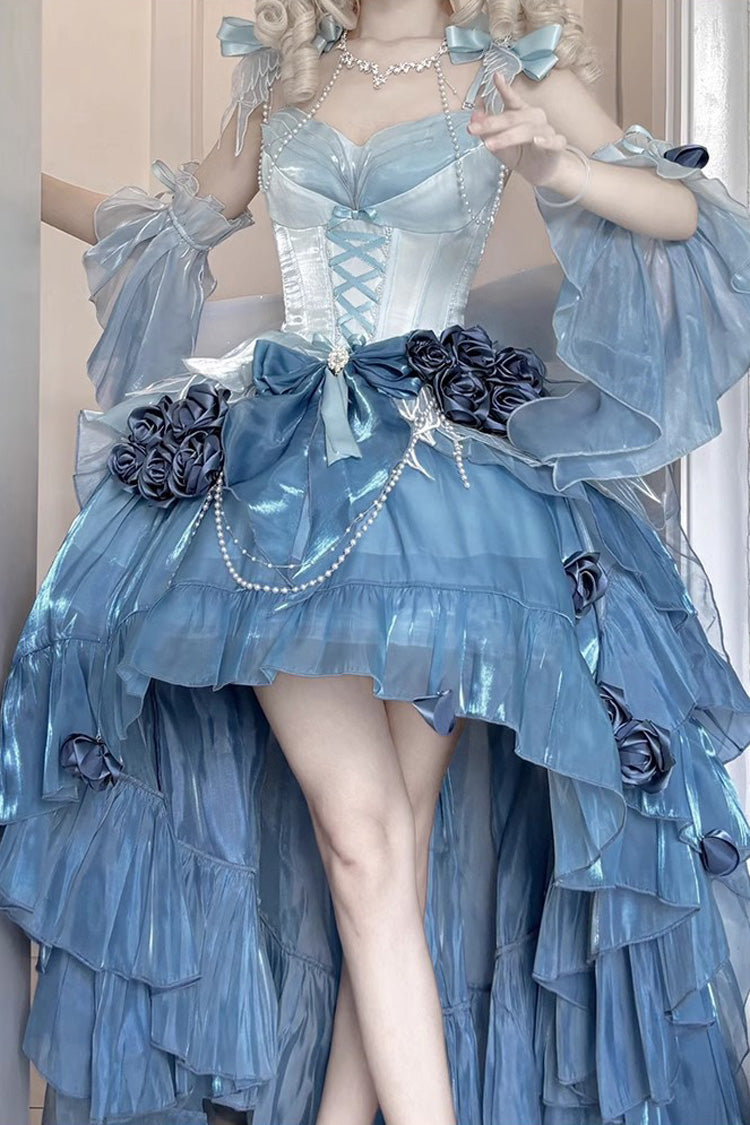 Sky Blue [Swan Wonderland] Embroidery Bowknot Lace-Up Short Front Long Back Irregular Sweet Ballet Lolita Jsk Dress - Blue - 1
