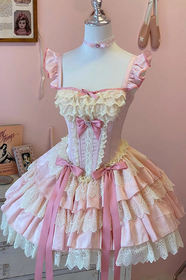 Pink [Strawberry Candy] Multi-Layered Ruffle Bowknot Lace Sweet Ballet Lolita Dress - Pink - 1