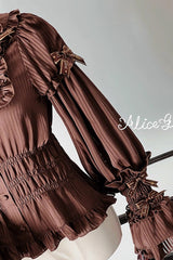 [Teddy Bear Chocolate] Round Collar Long Trumpet Sleeves Ruffle Bowknot Sweet Lolita Blouse 3 Colors - Product - 12