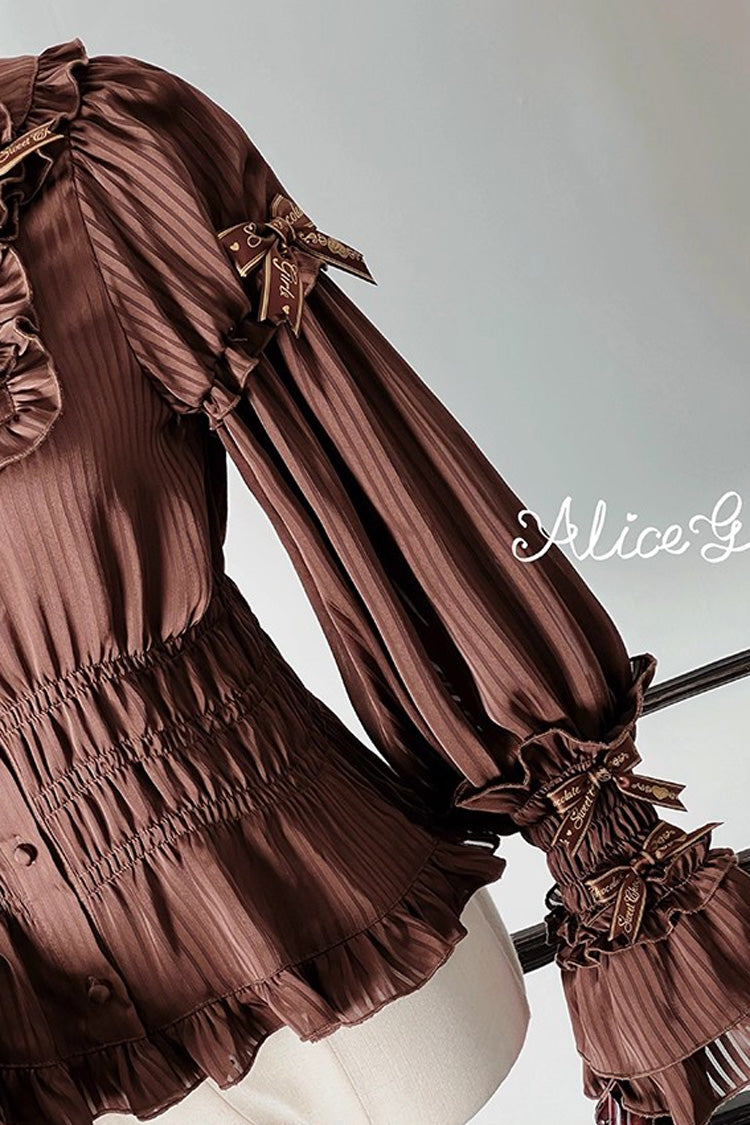 [Teddy Bear Chocolate] Round Collar Long Trumpet Sleeves Ruffle Bowknot Sweet Lolita Blouse 3 Colors - Product - 12