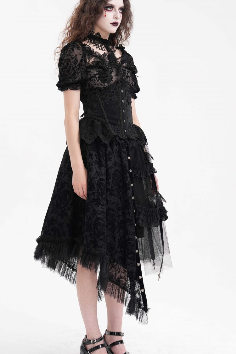 Black Jacquard Cut-Out Lace Asymmetric Pleated Women's Gothic Luxurious Skirt - Product - 2