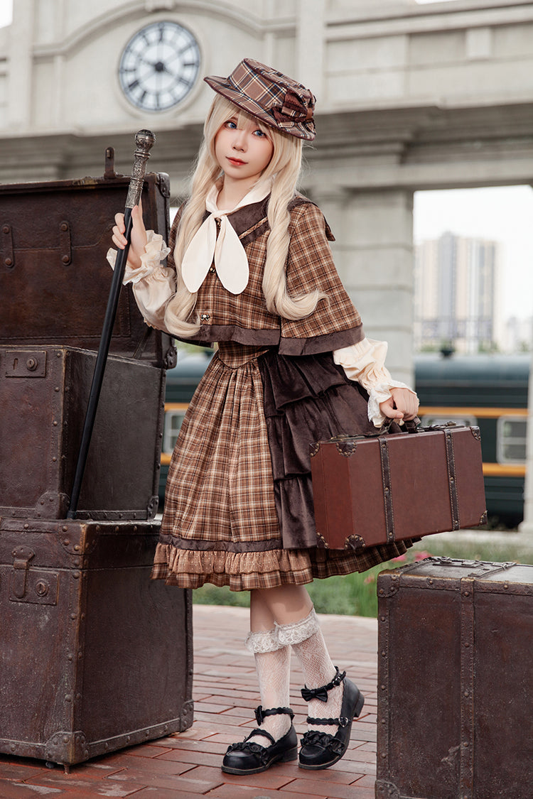 Brown [Morning Tune] Sleeveless High Waisted Print Ruffle Asymmetric Sweet Lolita Strap Dress - Product - 7