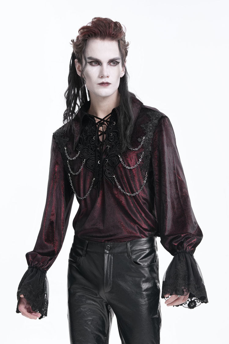 Wine Red V Collar Long Sleeves Lace-Up Chain Men's Gothic Blouse - Product - 4