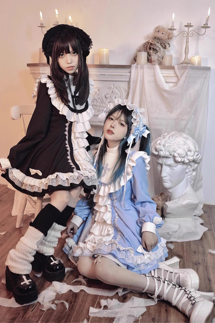 White/Black Long Sleeves Multi-layer Cross Print Nun Style Ruffle Gothic Lolita Dress - Product - 2