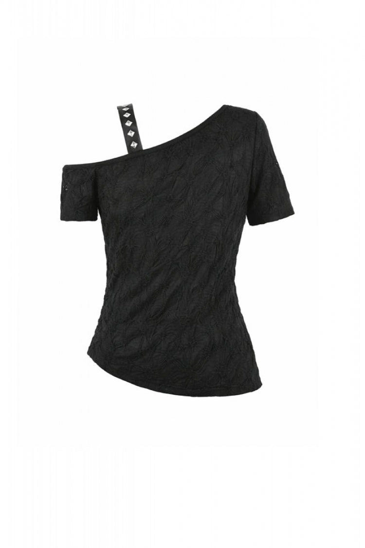 Black Off Shoulder Short Sleeves Studded Cross Straps Asymmetric Women's Punk Top - Product - 16