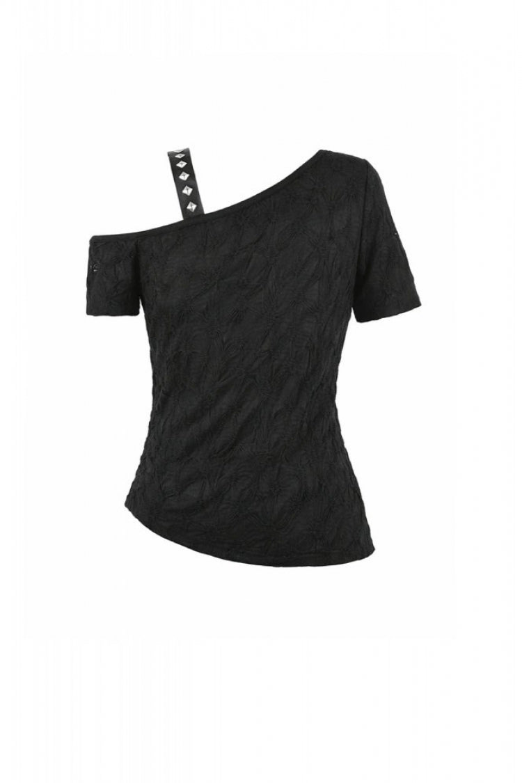 Black Off Shoulder Short Sleeves Studded Cross Straps Asymmetric Women's Punk Top - Product - 16