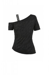 Black Off Shoulder Short Sleeves Studded Cross Straps Asymmetric Women's Punk Top - Product - 16