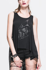 Black Sleeveless Dragon Print Dragon-Tail Transparent Lace Back Womens Punk T-shirt - Black - 1