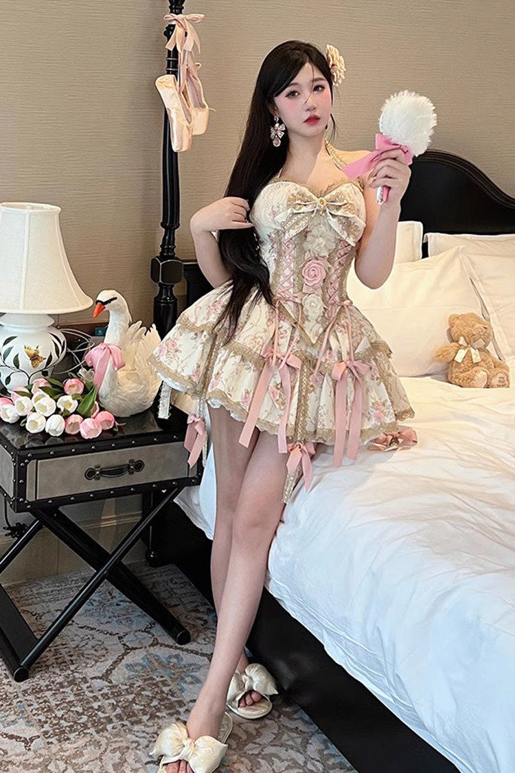 Champagne Halterneck Rich Flower Bowknot Lace-Up Sweet Gorgeous Lolita Skirt Dress Set - Champagne - 1