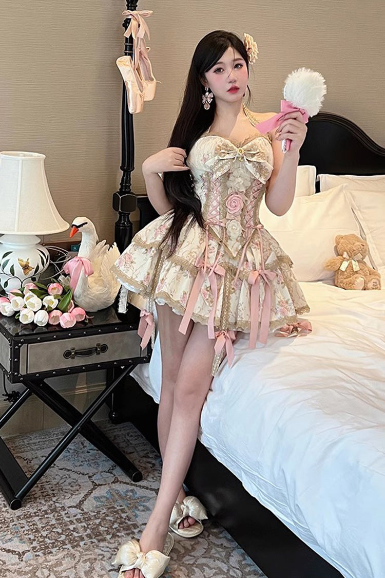 Champagne Halterneck Rich Flower Bowknot Lace-Up Sweet Gorgeous Lolita Skirt Dress Set - Champagne - 1