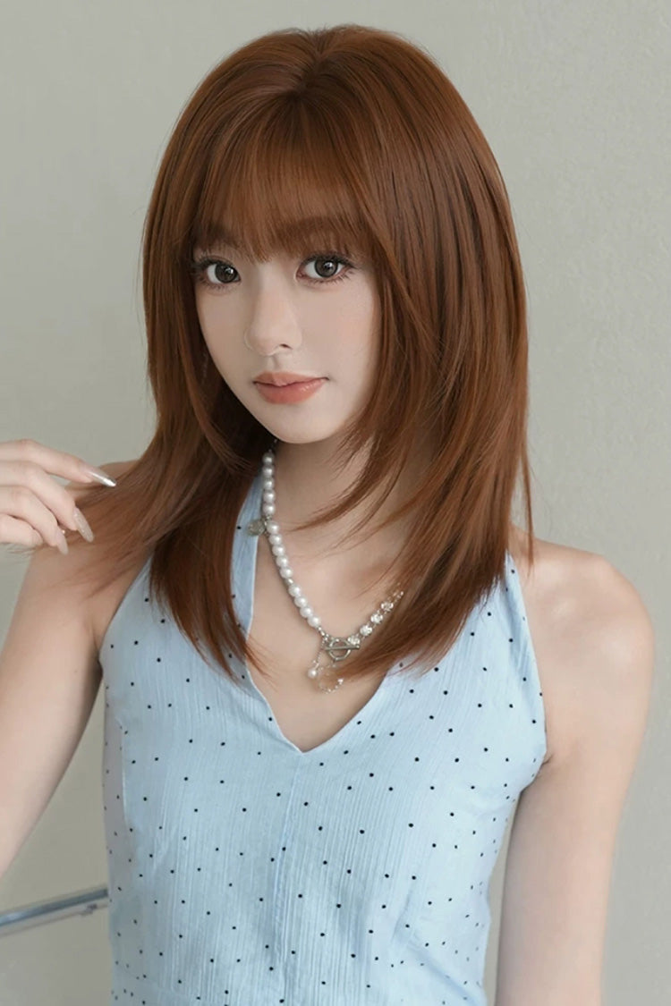 Vintage Orange Brown Face-Framing Layered Shoulder Bob Sweet Lolita Wig with Full Bangs - Product - 6