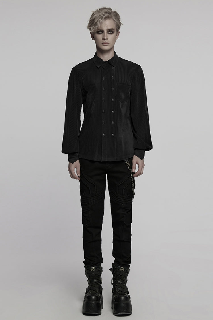 Black Double-breasted Long Puff Sleeves Men's Gothic Blouse - Product - 4