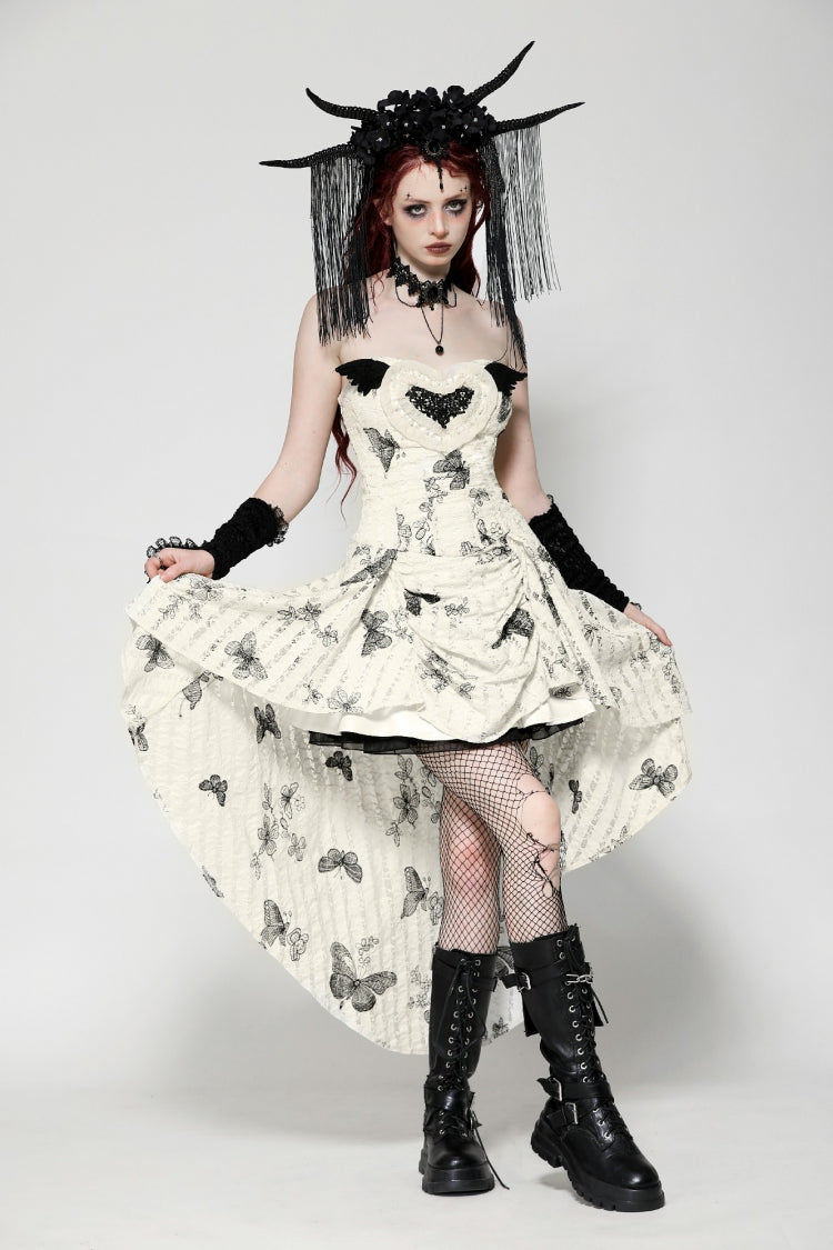 Black/White Butterfly Embroidered Lace-Up Women's Gothic High/Low Honeymoon Dress - Product - 10