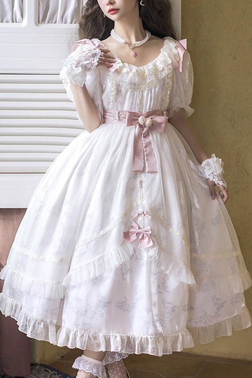 White Lace Ruffled Round Collar Short Sleeves Long Hanayome Sweet Lolita Dress - White - 1