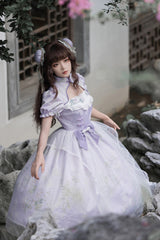 Purple Lilac Short Sleeves Hollow Embroidery Sweet Chinese Cheongsam Style Lolita Dress - Product - 8