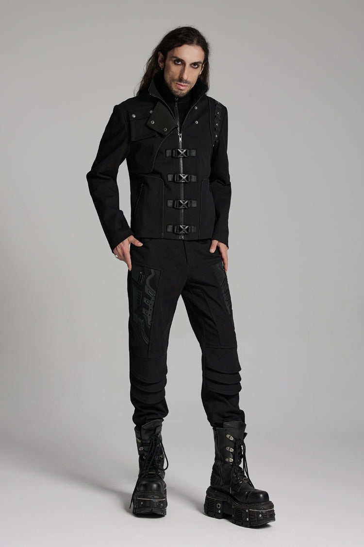 Black Buckle-up Rivets Long Sleeves Men's Punk Jacket - Product - 4
